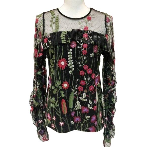 Red Carter Brianne Floral Embroidered Blouse Ruffle Sleeves Black Red  NWT S - Picture 2 of 11